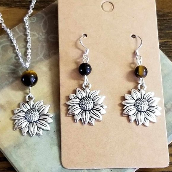Handmade Jewelry - Sunflower Jewelry Set Tigers Eye Sunflower Necklace Silver Sunflower Earrings